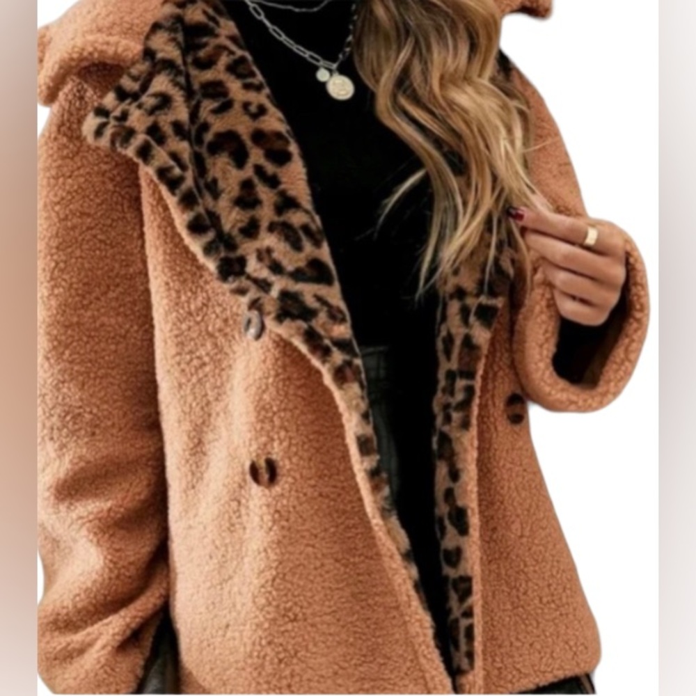 Shein Tan/Leopard Print Double Button Teddy Coat.… - image 1